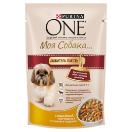 PURINA ONE \"Моя Собака... Любитель Поесть\" консервы индейка, морковь, горох в подливе 100 г х20