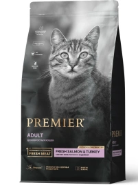 Сухой корм Premier со вкусом лосося и индейки для взрослых кошек, 2 кг
