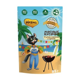 Мнямс Мясной Карнавал Мясные кусочки влажный корм для кошек с уткой, индейкой и курицей 85 г