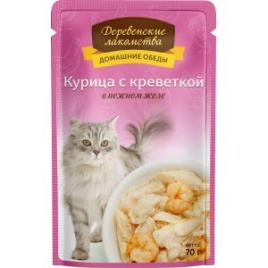 Деревенские лакомства влажный корм для кошек с курицей и креветкой в желе - 70 г