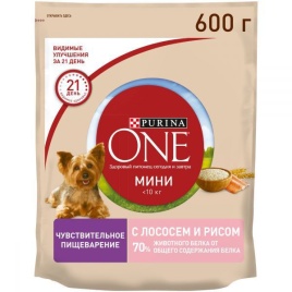 PURINA ONE "МИНИ Чувствительная" для взрослых собак мелких пород с чувствительным пищеварением, с лососем и рисом 600 г