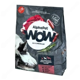 Сухой корм ALPHAPET WOW Superpremium Beef & Heart для взрослых собак средних пород, с говядиной и сердцем, 2 кг