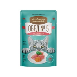 Деревенские лакомства влажный корм для кошек, обед №5 тунец с икрой в нежном желе - 50 г