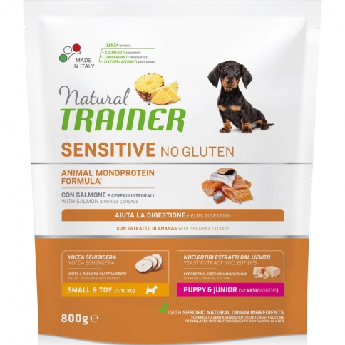 Trainer Natural Sensitive No Gluten Puppy&Junior Mini сухой корм без глютена для щенков и юниоров мелких пород с лососем 800 г фото 1