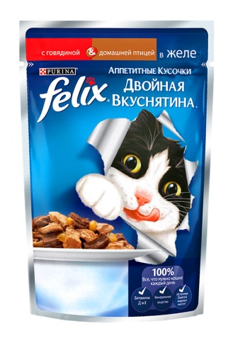Паучи Felix Двойная вкуснятина для взрослых кошек аппетитные кусочки с говядиной и домашней птицей в желе - 85 г фото 1