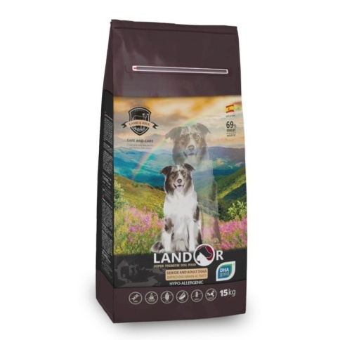 Landor сухой корм для пожилых и взрослых собак всех пород с функцией улучшения мозговой деятельности, с уткой и рисом - 15 кг фото 1