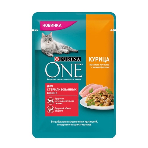 Purina ONE влажный корм для стерилизованных кошек с курицей и зеленой фасолью в паучах - 75 г фото 1