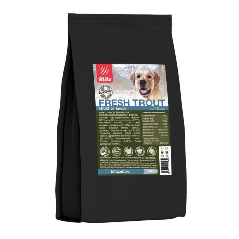 Сухой низкозерновой корм Blitz Adult для взрослых собак с форелью - 500 г фото 1