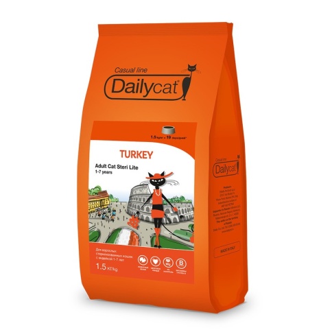 Dailycat Casual Line Adult Steri Lite Turkey корм для стерилизованных кошек с индейкой 1.5 кг фото 2