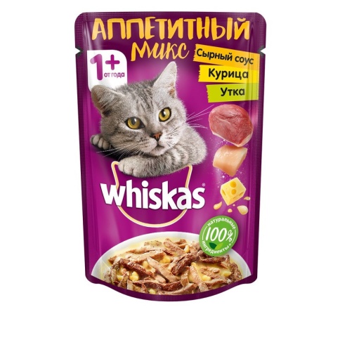 Whiskas Аппетитный микс влажный корм для кошек с курицей и уткой в сырном соусе - 85 г фото 1