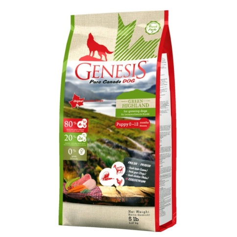 Genesis Pure Canada Green Highland Puppy для щенков, юниоров, беременных и кормящих взрослых собак всех пород с курицей, козой и ягненком - 2,268 кг фото 2