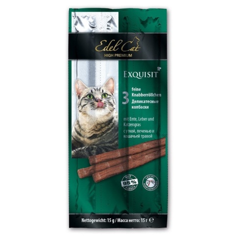 Edel Cat лакомство для кошек колбаски с уткой, печенью и кошачьей травой - 3 шт фото 1