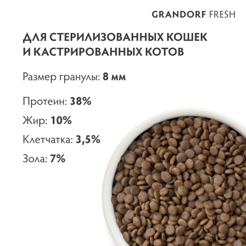 Сухой корм Grandorf Fresh Cat для стерилизованных кошек диетическая формула для особо аллергичных кошек индейка с бататом 2 кг фото 9