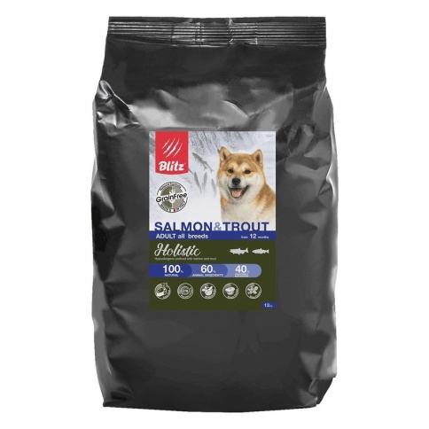 Сухой беззерновой корм Blitz Adult для взрослых собак с лососем и форелью - 12 кг фото 1