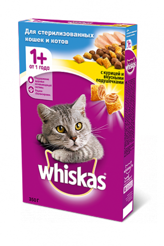 Whiskas сухой корм в форме подушечек c курицей для взрослых стерилизованных кошек и котов от 1 года - 350 гр фото 1