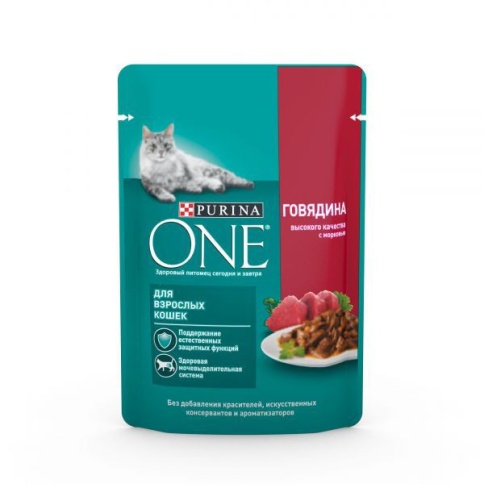 PURINA ONE "Adult" консервы 75 гр для взрослых кошек с Говядиной и морковью 1х26 фото 1