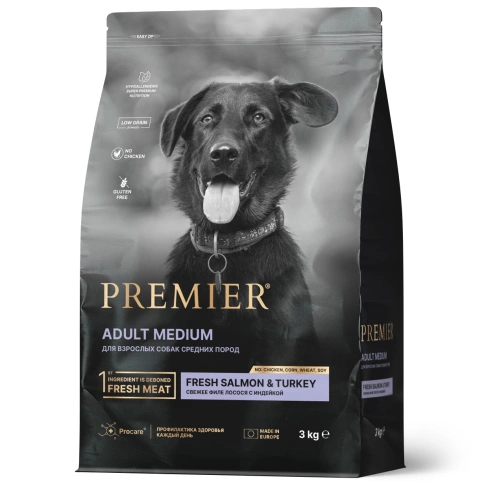 Сухой корм Premier Dog Salmon&Turkey ADULT Medium для собак средних пород свежее филе лосось с индейкой 3 кг фото 1