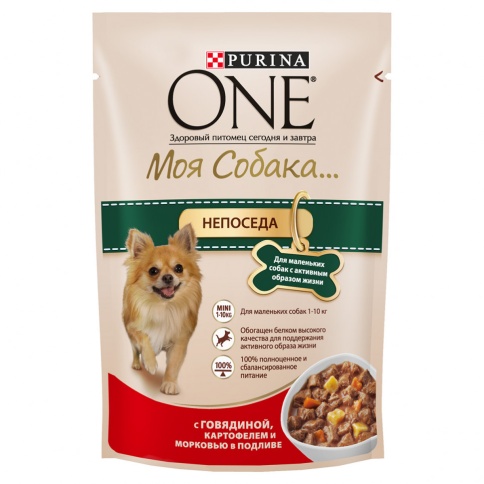 Влажный корм Purina ONE Активная для взрослых собак мелких пород с говядиной, картофелем и морковью в подливе - 100 г фото 1