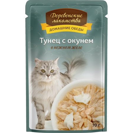 Деревенские лакомства влажный корм для кошек с тунцом и окунем в желе - 70 г фото 1