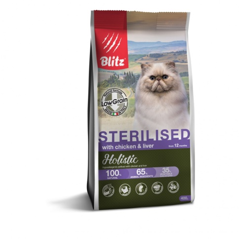 Blitz Holistic Sterilised сухой низкозерновой корм для стерилизованных кошек с курицей и печенью - 400 г фото 1
