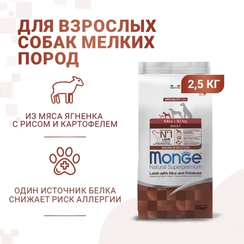 Сухой корм Monge Monoprotein Mini Adult с ягненком, рисом и картофелем для собак мелких пород, 2.5 кг фото 1