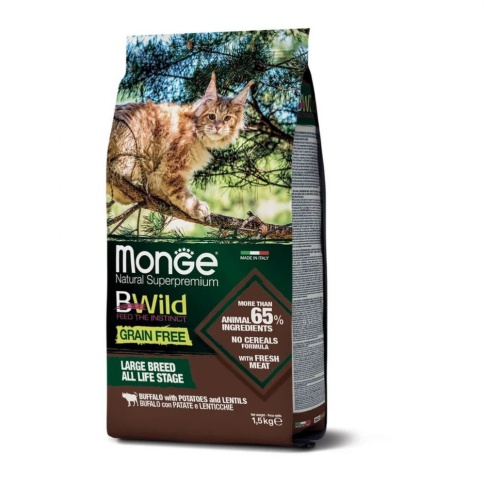 Monge Cat BWild Grain Free сухой беззерновой корм для крупных кошек всех возрастов из мяса буйвола - 1,5 кг фото 1