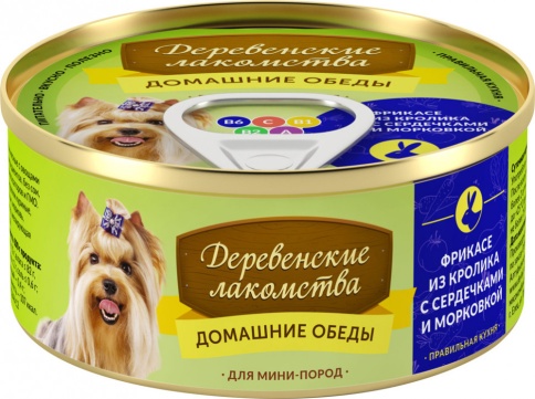 Консервы для мини пород Деревенские лакомства Фрикасе из кролика с сердечками и морковкой 100 г фото 1