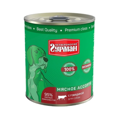 Полнорационный консервированный корм Четвероногий Гурман Мясное ассорти для собак с говядиной - 340 г фото 1