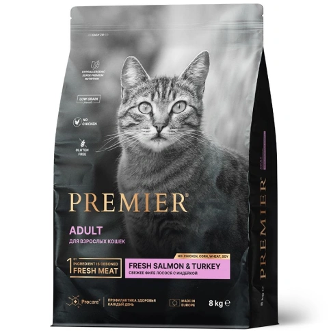 Сухой корм Premier со вкусом лосося и индейки для взрослых кошек, 8 кг фото 1
