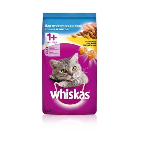 Whiskas сухой корм с курицей для стерилизованных кошек и котов старше 1 года - 1,9 кг фото 2