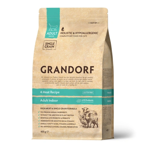 Сухой корм Grandorf 4 Meat Probiotic Indoor Четыре вида мяса для домашних кошек, 400 г фото 1