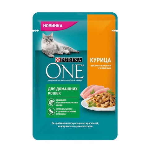 Purina ONE влажный корм для домашних кошек с курицей и морковью в паучах - 75 г фото 1