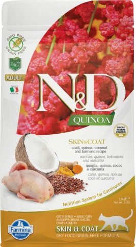 Farmina N&D Cat Grain Free quinoa skin & coat quail корм для взрослых кошек здоровая кожа и шерсть с перепелом и киноа 1,5 кг фото 1