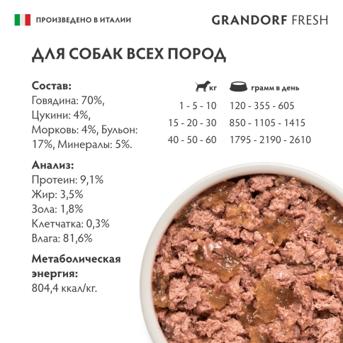 Влажный корм консервы Grandorf Fresh для собак паштет из говядины с цукини и морковью 200 г фото 5
