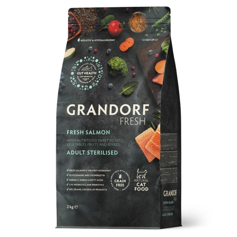 Сухой корм Grandorf Fresh Cat для стерилизованных кошек для здоровья кожи и шерсти или склонных к аллергии лосось с бататом 400 г фото 1