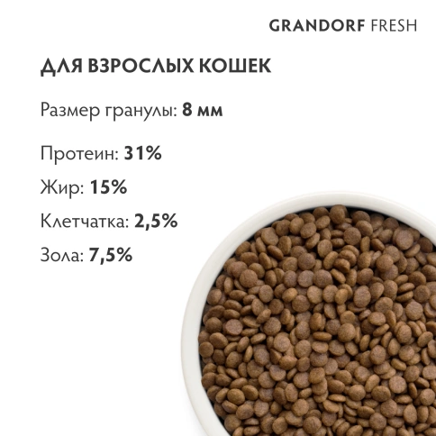 Сухой корм Grandorf Fresh Cat для взрослых кошек диетическая формула для особо аллергичных кошек индейка с бататом 2 кг фото 9