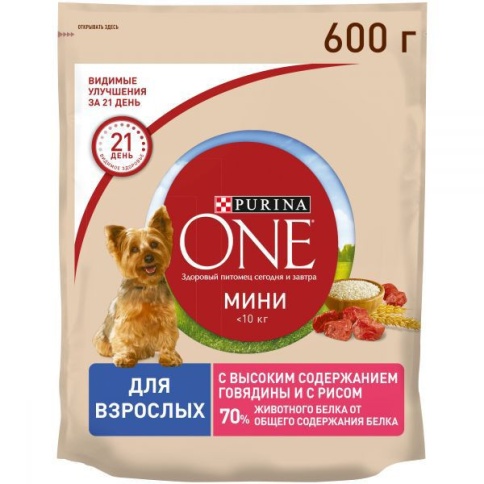 Purina One Mini Adult Говядина (Сухой корм для взрослых собак мелких пород с высоким содержанием говядины и с рисом) 600 г фото 1