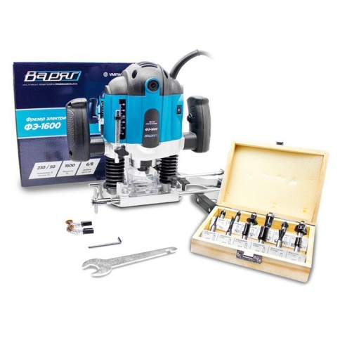 Фрезер электрический ВАРЯГ ФЭ-1600 (1600Вт,16000-30000об/мин,цанга(патрон)6/8мм), набор фрез (12 предметов)(1/4) фото 1