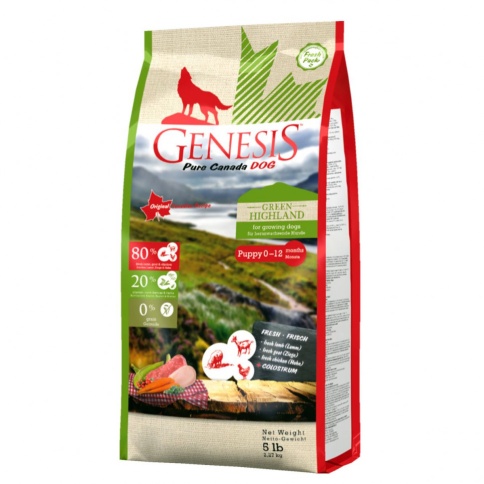 Genesis Pure Canada Green Highland Puppy для щенков, юниоров, беременных и кормящих взрослых собак всех пород с курицей, козой и ягненком - 2,268 кг фото 1