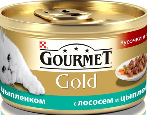 Консервы Gourmet Gold для взрослых кошек кусочки в соусе с лососем и цыпленком - 85 г фото 1
