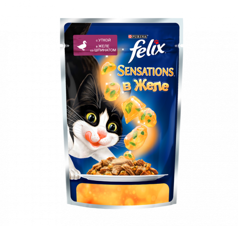 Паучи Felix Sensations для взрослых кошек с уткой и шпинатом в желе - 85 г фото 1