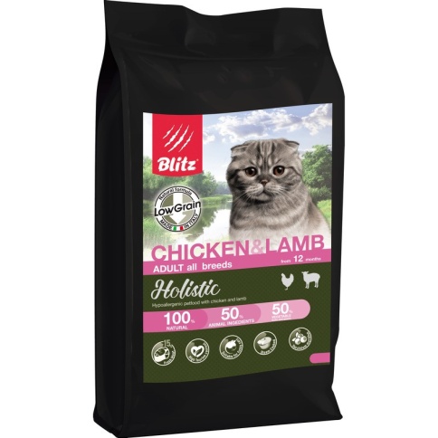 Blitz Holistic Cat Adult низкозерновой корм для взрослых кошек с курицей и ягненком - 5 кг фото 1