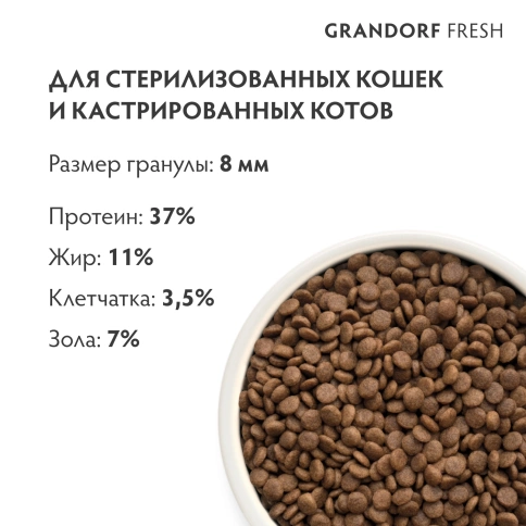 Сухой корм Grandorf Fresh Cat для стерилизованных кошек диетическая формула для особо аллергичных кошек утка с бататом 400 г фото 9