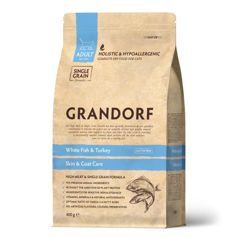 Сухой корм Grandorf White Fish & Turkey Skin & Care Белая рыба с индейкой — забота о коже и шерсти для кошек, 400 г фото 1
