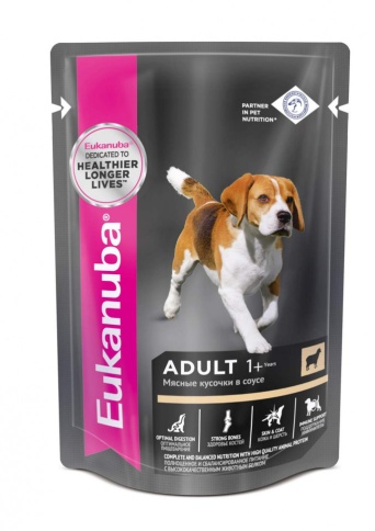 Влажный корм Eukanuba Adult Dog для взрослых собак с кусочками ягненка в соусе в паучах - 100 г фото 1