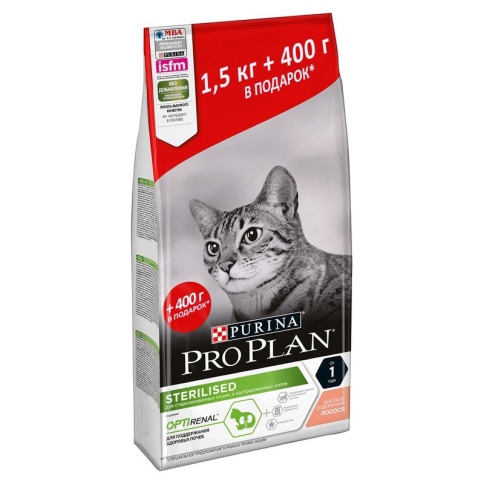 Сухой корм Purina Pro Plan Cat Adult Sterilised для стерилизованных кошек с лососем - 1,5 кг + 400 г в подарок фото 1