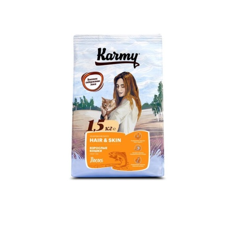 Сухой корм Karmy Hair & Skin для взрослых кошек для здоровья кожи и шерсти c лососем 1.5 кг фото 2