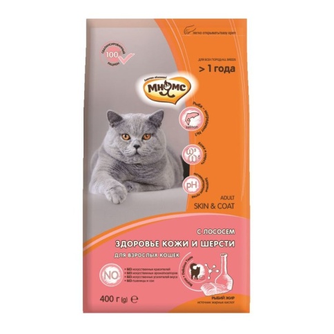 Мнямс Skin & Coat сухой корм для взрослых кошек для кожи и шерсти с лососем - 400 г фото 1