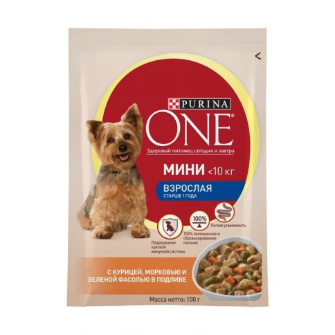 Влажный корм Purina ONE Мини Взрослая для взрослых собак мелких пород с курицей, морковью и зеленой фасолью в подливе - 100 г фото 1