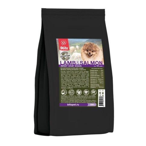 Сухой беззерновой корм Blitz Adult для взрослых собак с ягненком и лососем - 500 г фото 1